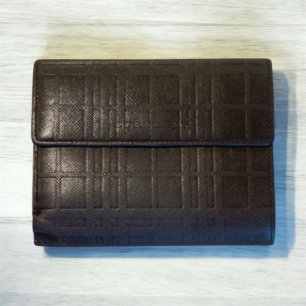 Burberry Leather Embossed Check Tri Fold Wallet Women Men Accessory Designer